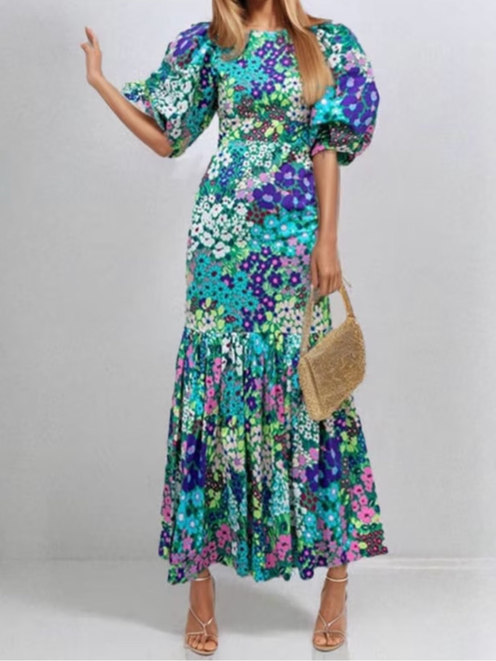 Floral Puff-Sleeve Maxi Dress in Teal & Purple (SKU859)